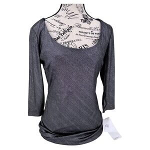 Maria Bonita USA Womens Black Sparkle Sheer Back 3/4 Sleeve Ruched Mini Dress M